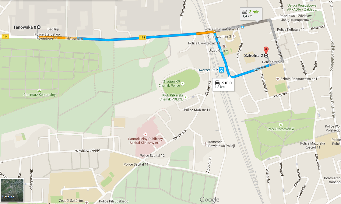 mapa google z lokalizacją nowej siedziby PCPR Police przy ul. Szkolnej 2 w Policach